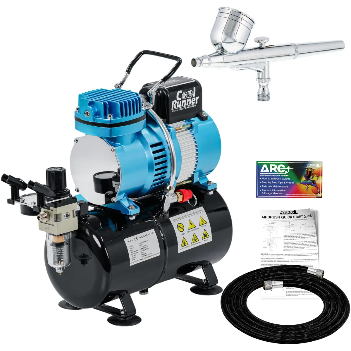 Master Airbrush Cool Runner II Tank Compressor with Gravity Airbrush Kit | 3L Tank, Quiet Operation, 0.3mm Tip - main product image