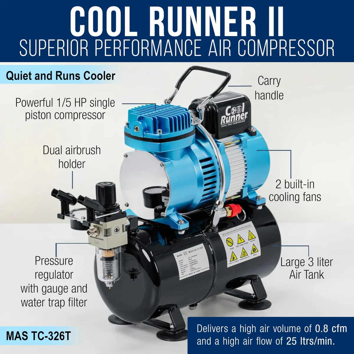 Master Airbrush Cool Runner II Tank Compressor with Gravity Airbrush Kit | 3L Tank, Quiet Operation, 0.3mm Tip - view 4