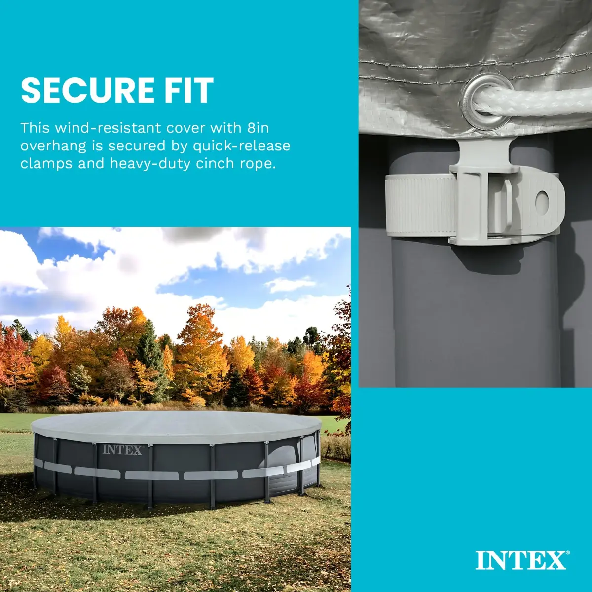 Intex Deluxe Pool Cover for 18ft Round Ultra XTR Pools | UV-Resistant, Rope Tie, 8in Overhang - view 5