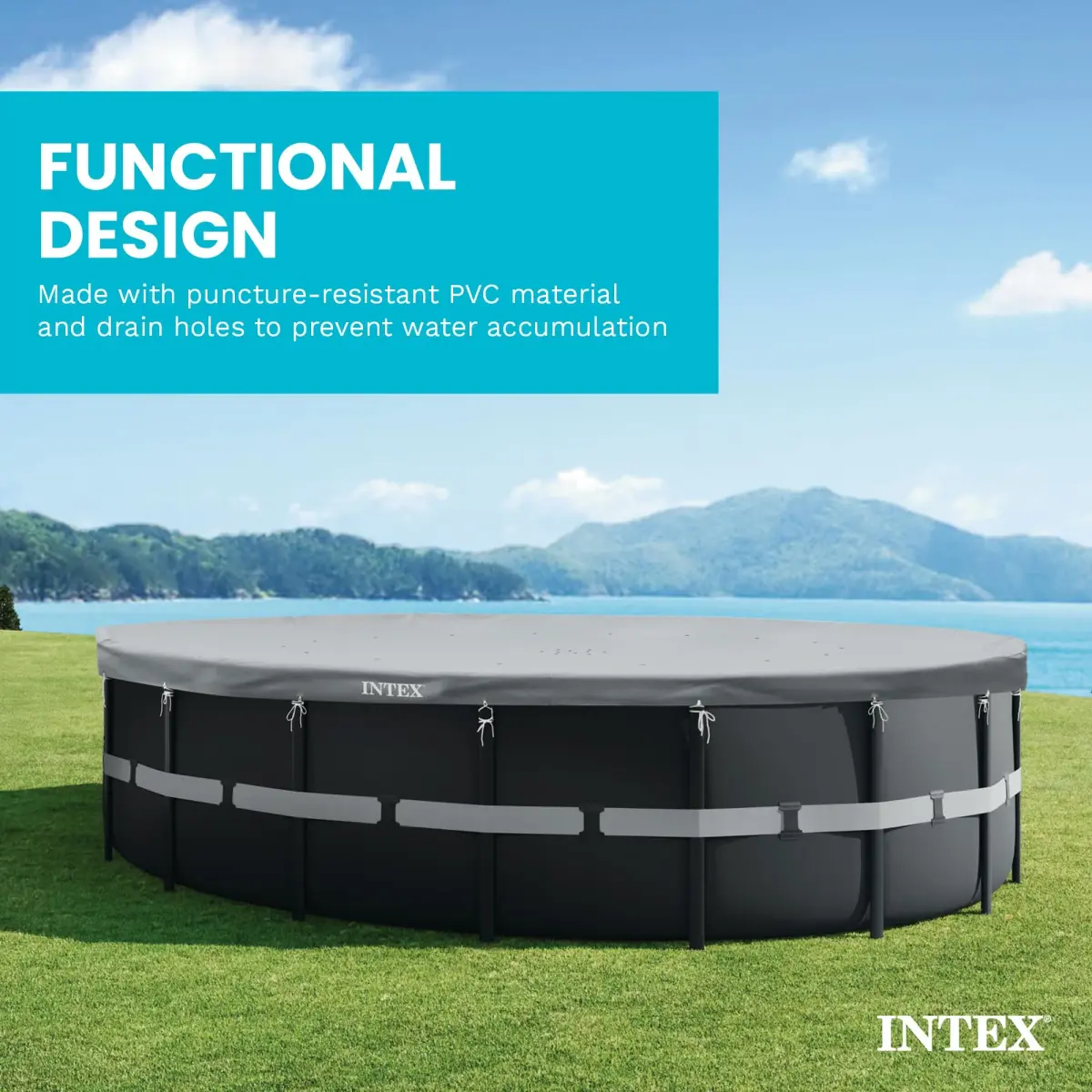 Intex Deluxe Pool Cover for 18ft Round Ultra XTR Pools | UV-Resistant, Rope Tie, 8in Overhang - view 6
