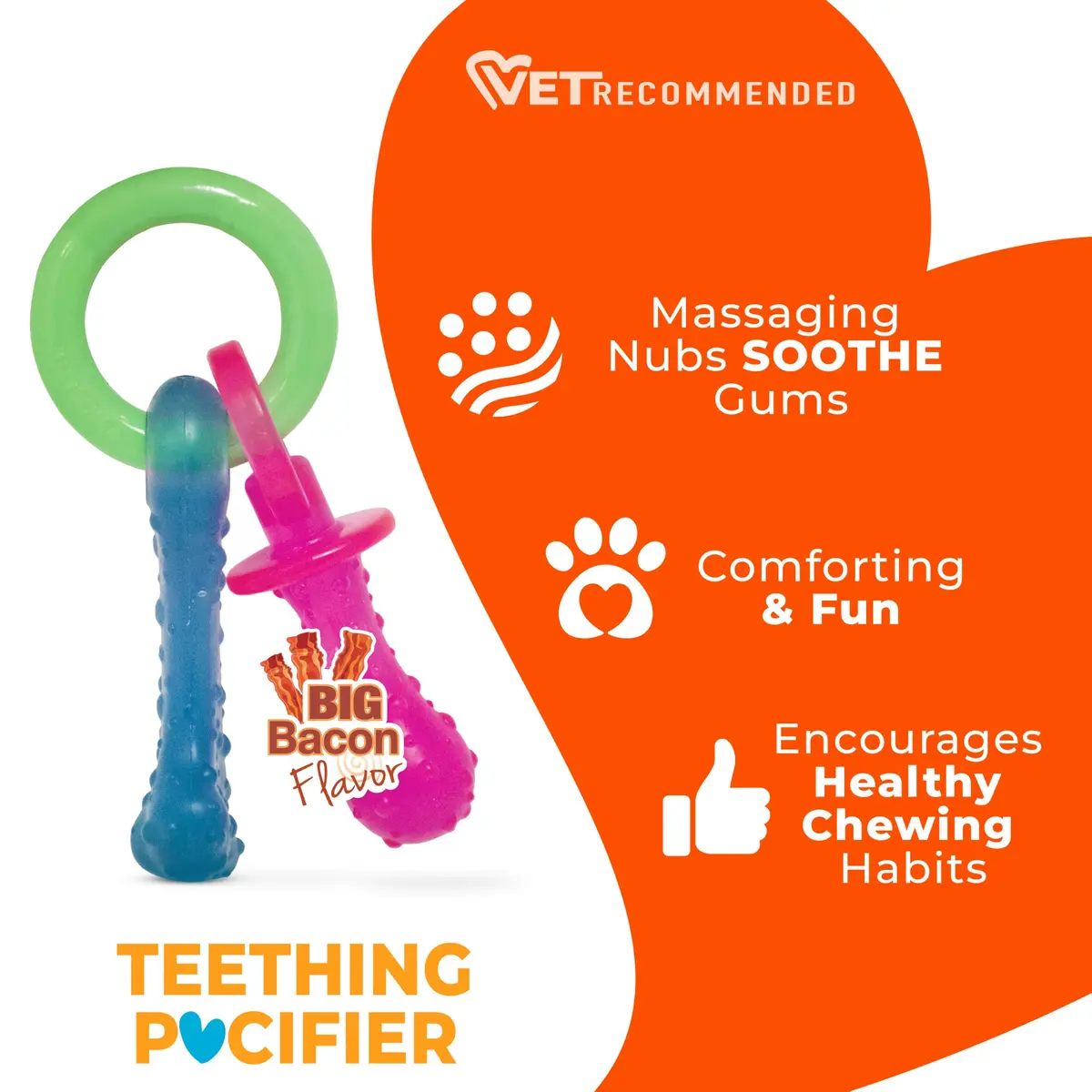 Nylabone Puppy Pacifier Chew Toy, Teething Toy for Puppies up to 25 lbs | Bacon Flavored, Soft Material, Textured Nubs - view 4