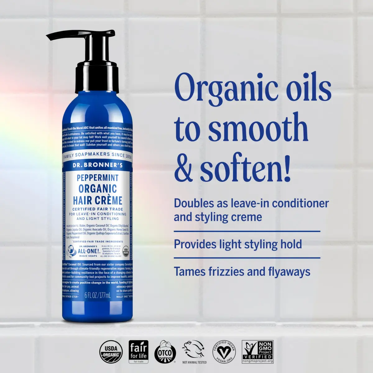 Dr. Bronner's Organic Hair Crème Leave-In Conditioner Styling Cream 177ml (6 Fl Oz) | USDA Organic, Peppermint Scent - view 2