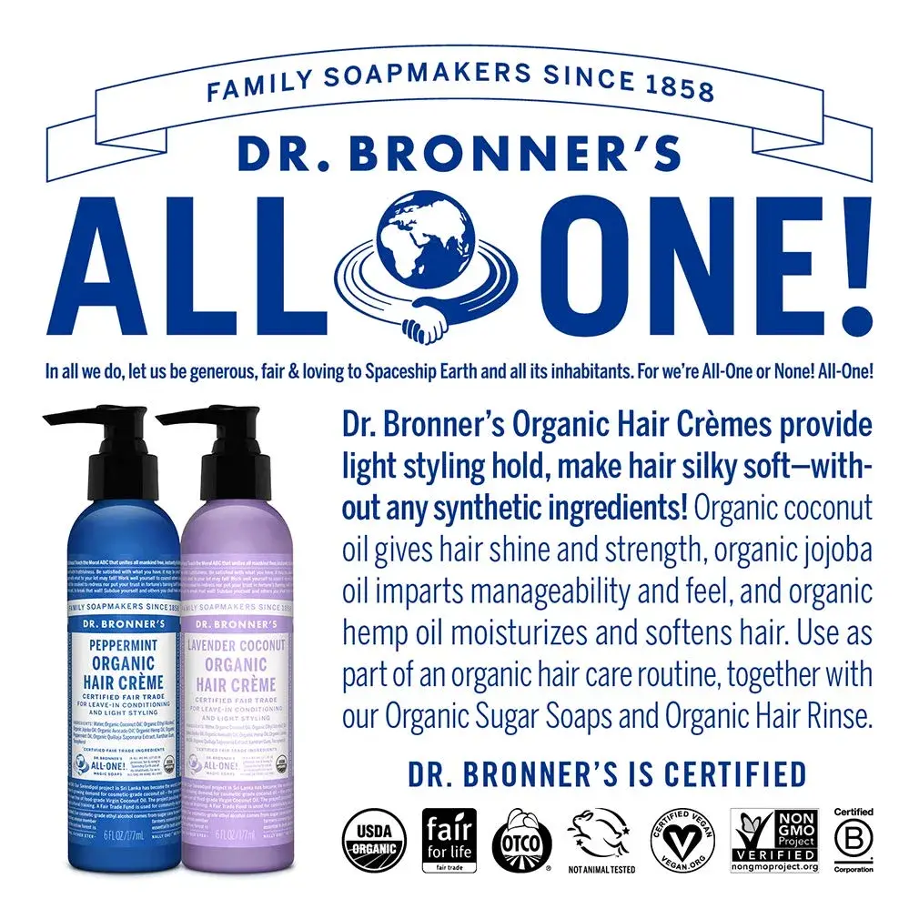 Dr. Bronner's Organic Hair Crème Leave-In Conditioner Styling Cream 177ml (6 fl oz) | USDA Organic & Fair Trade Ingredients - view 5