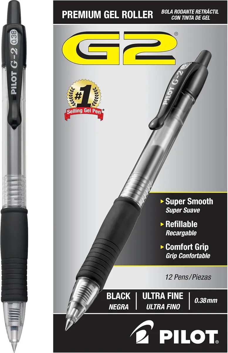 PILOT G2 Premium Retractable Gel Pens, 0.38mm Ultra Fine Point, Black Ink, 12-Pack | Smooth Writing Instrument for Students & Professionals - main product image