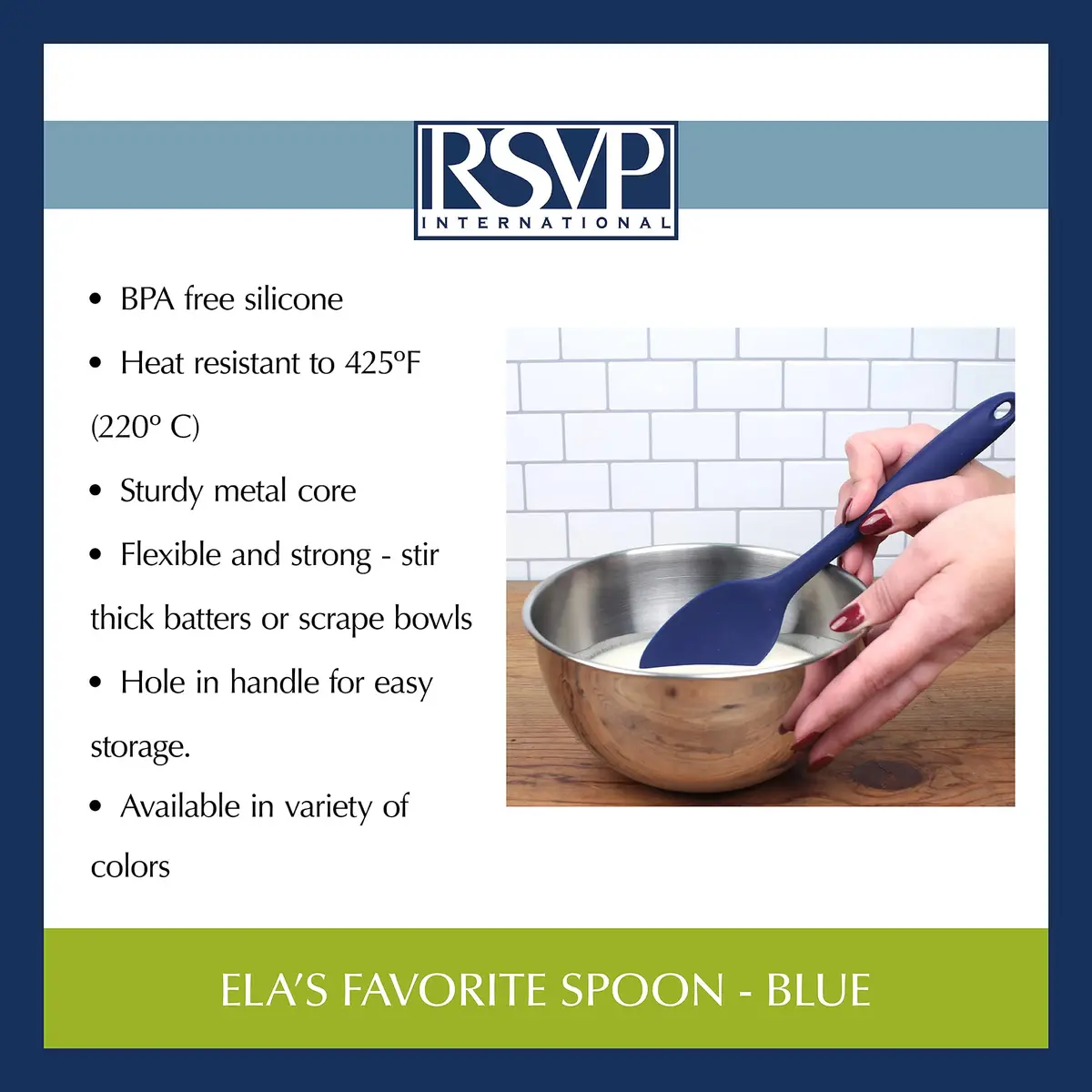 RSVP International Ela's Favorite Silicone Spatula Spoon, Blue, 11" | BPA-Free Heat Resistant Kitchen Tool - view 5