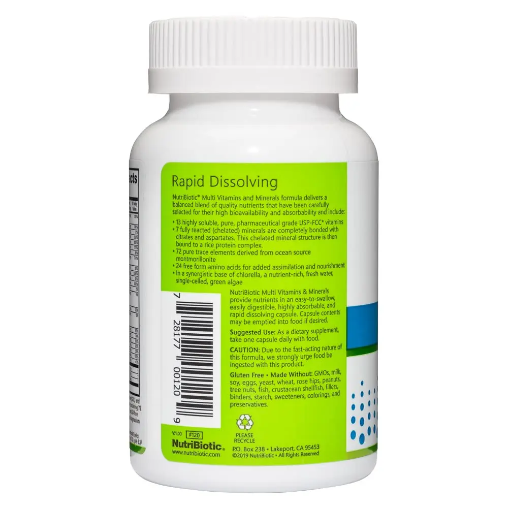 NutriBiotic Multi Vitamins & Minerals 90 Ct Capsules | Gluten Free, Highly Absorbable, 72 Trace Elements, Chlorella Base - view 2