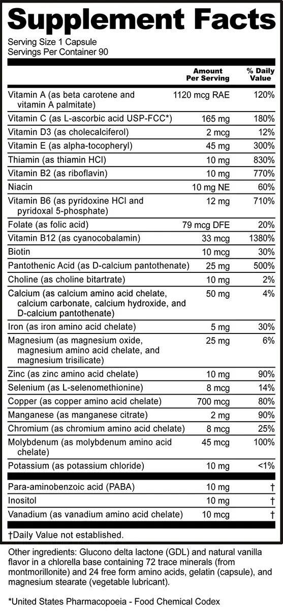 NutriBiotic Multi Vitamins & Minerals 90 Ct Capsules | Gluten Free, Highly Absorbable, 72 Trace Elements, Chlorella Base - view 4
