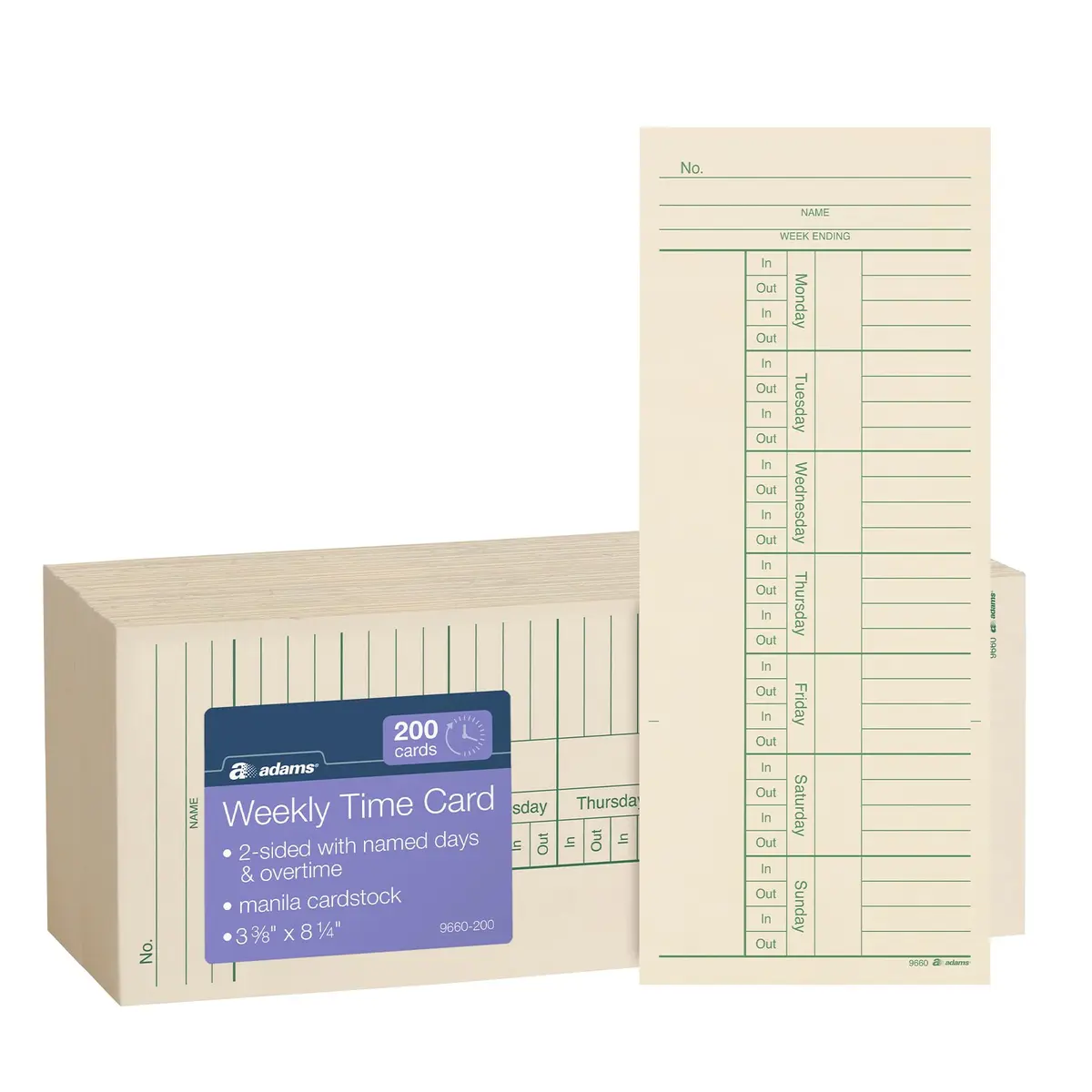 Adams Time Cards Weekly 2-Sided 3-3/8" x 8-1/4" Manila Green/Red Print | Professional Time Tracking Tool - main product image