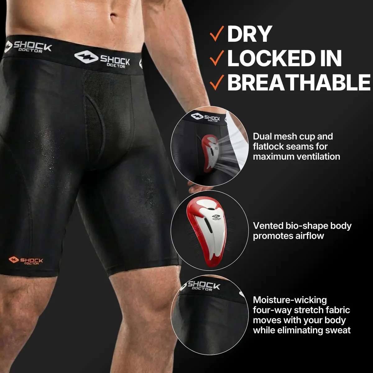 Shock Doctor Compression Shorts with Bio-Flex Cup | Moisture Wicking, Ventilated Support for Active Men - view 6