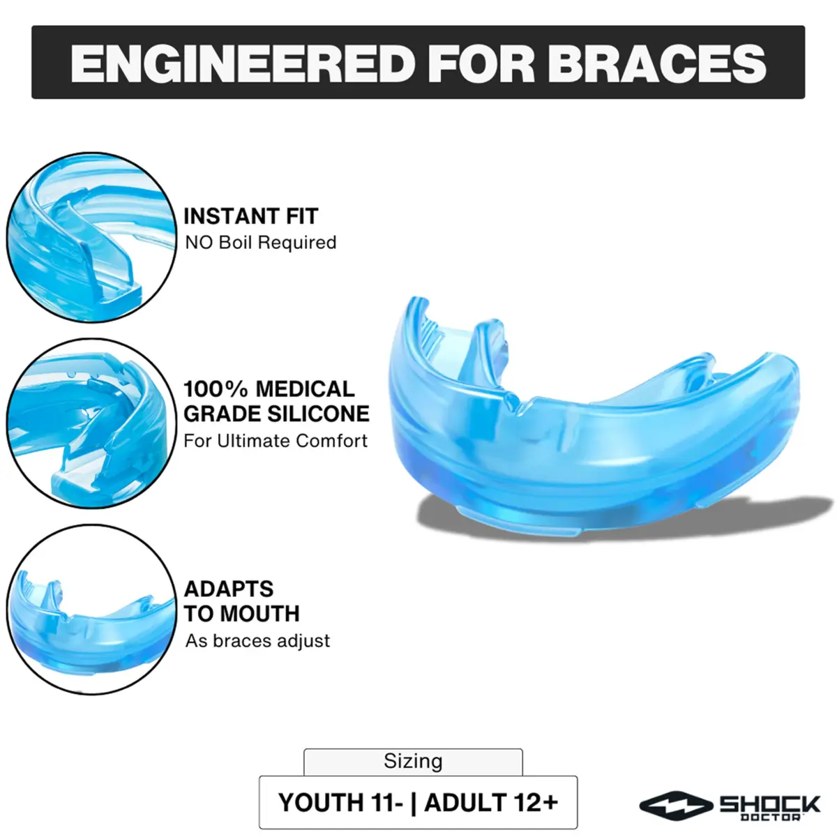 Shock Doctor Orthodontic Mouth Guard for Braces Youth Blue | Instant Fit Silicone - view 4