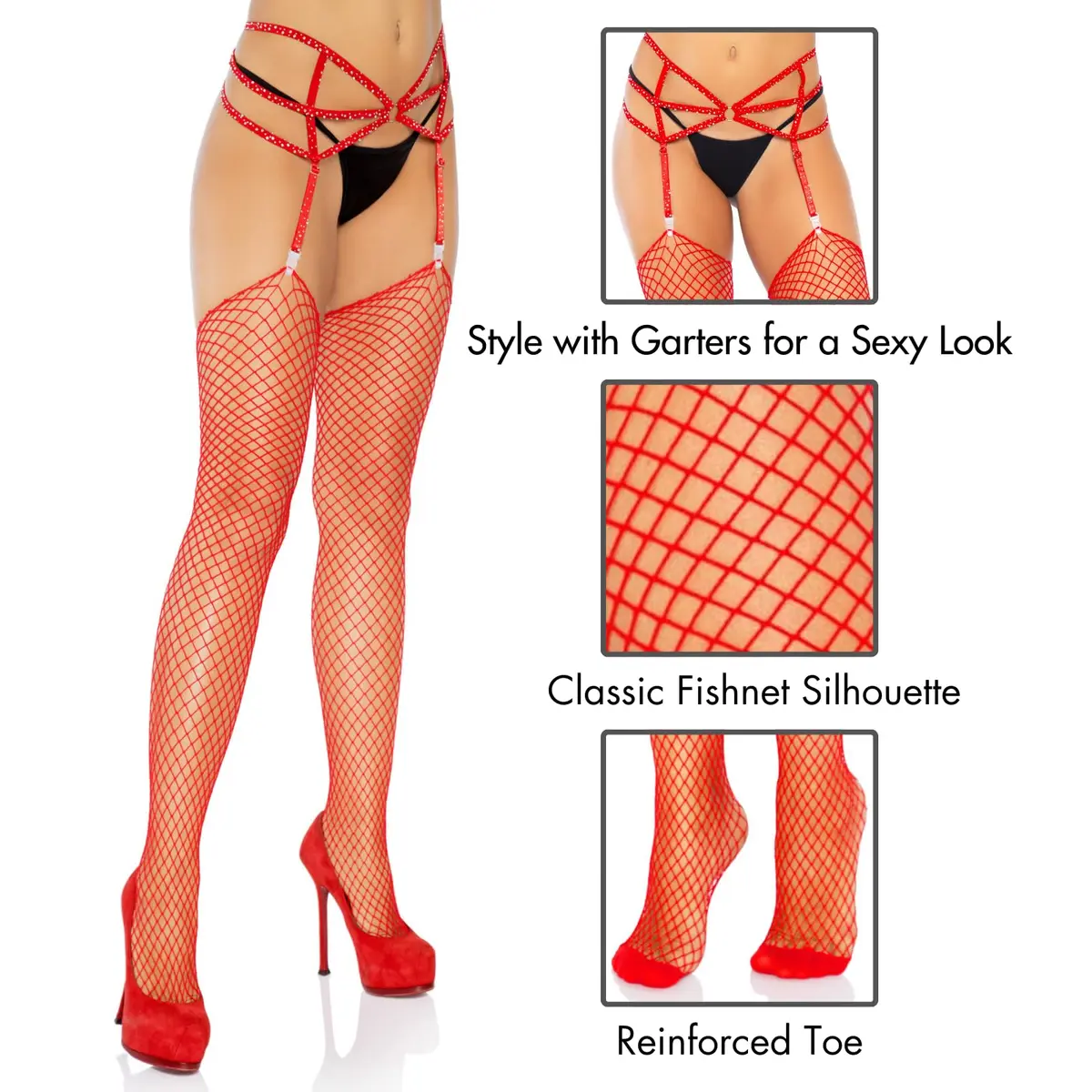 Leg Avenue Women's Unfinished Top Industrial Fishnet Stockings | Stretchy Nylon & Spandex, Red, One Size - view 2