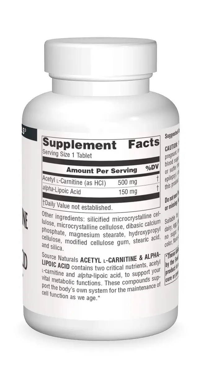 Source Naturals Acetyl L-Carnitine & Alpha-Lipoic Acid 650mg | Supports Metabolic Function, Vegetarian, 180 Tablets - view 3
