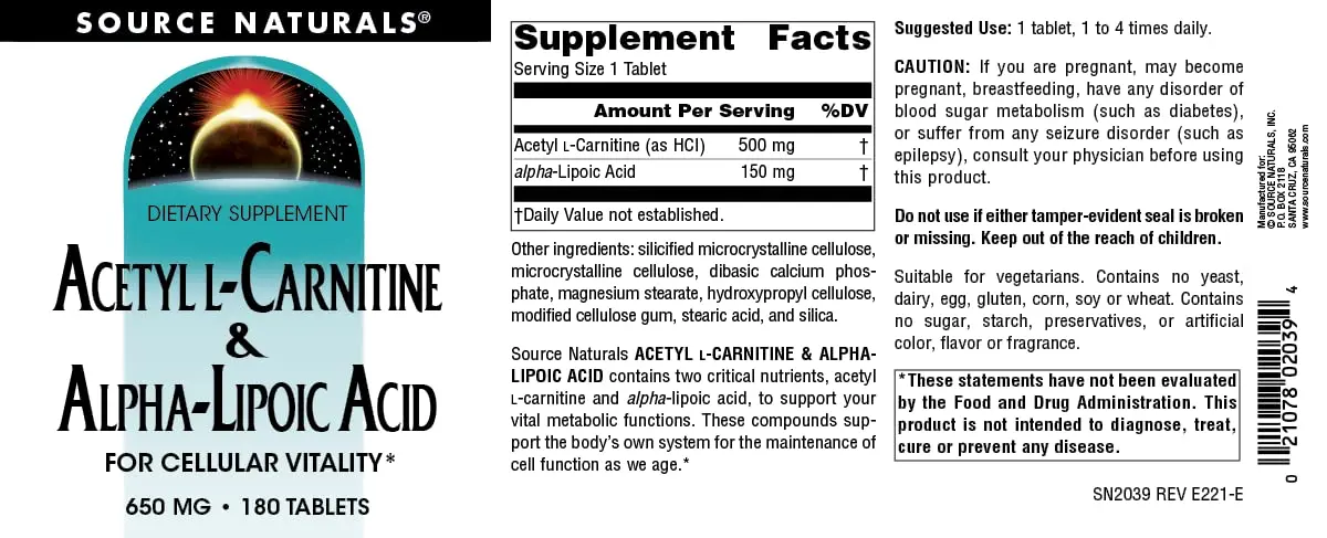 Source Naturals Acetyl L-Carnitine & Alpha-Lipoic Acid 650mg | Supports Metabolic Function, Vegetarian, 180 Tablets - view 4