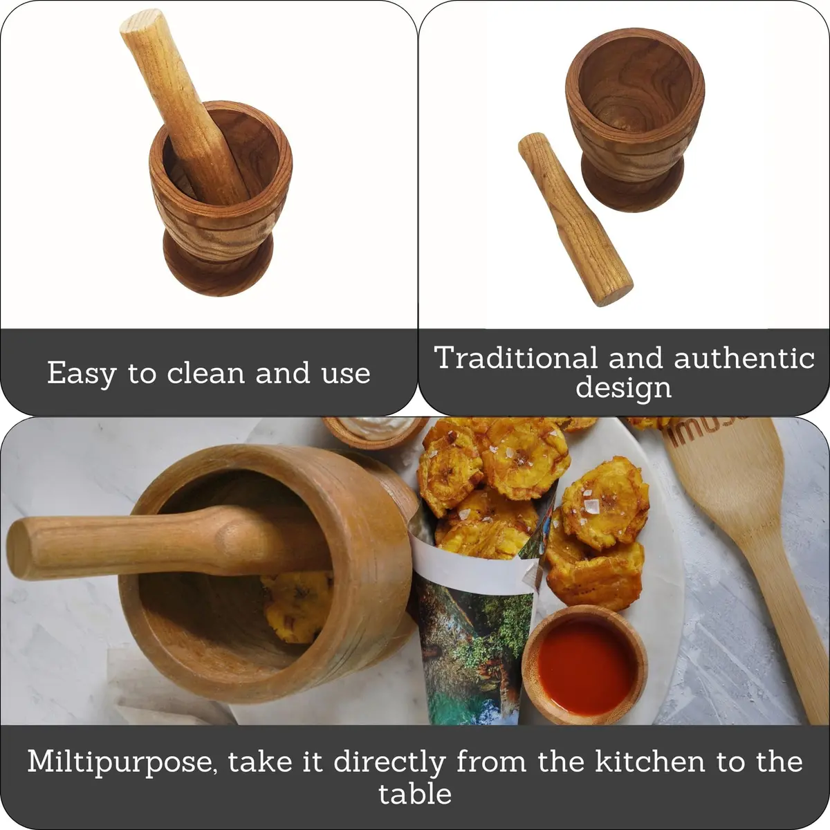 Imusa Jumbo Wood Mortar & Pestle for Crushing and Grinding | Durable Natural Finish, 4-inch Diameter - view 2
