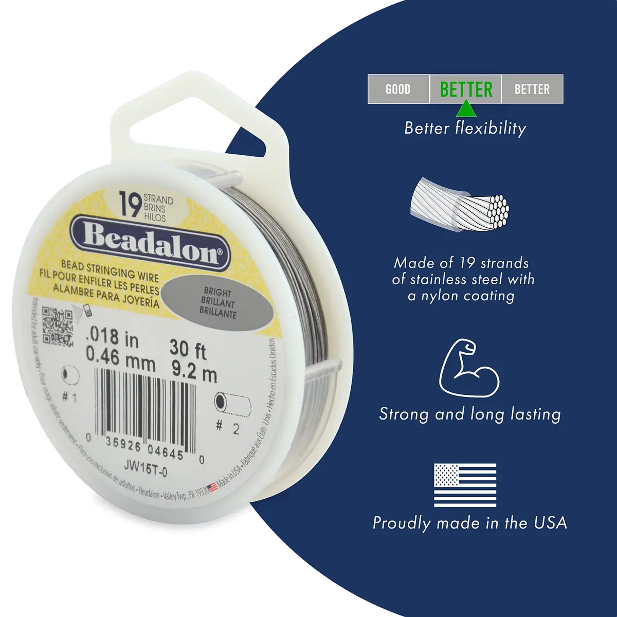 Beadalon Bead Stringing Wire - .018 in / 0.46 mm, Bright, 30ft / 9.2m | Strong nylon-coated jewelry wire - view 2