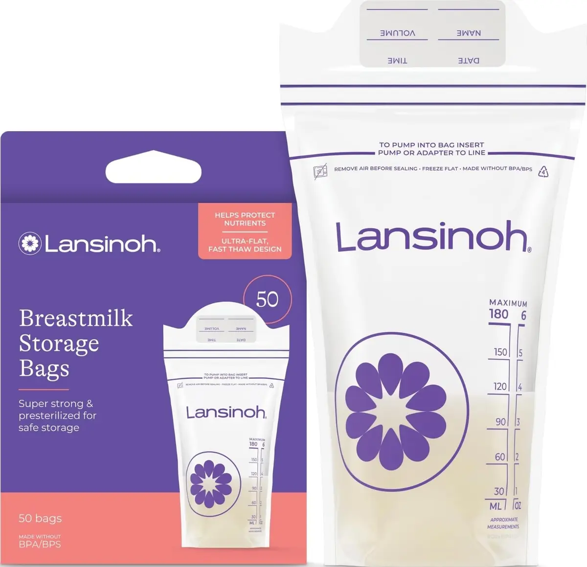 Lansinoh Breastmilk Storage Bags 6oz (177ml) 50 Count | BPA/BPS-Free Double Zipper Seal - main product image