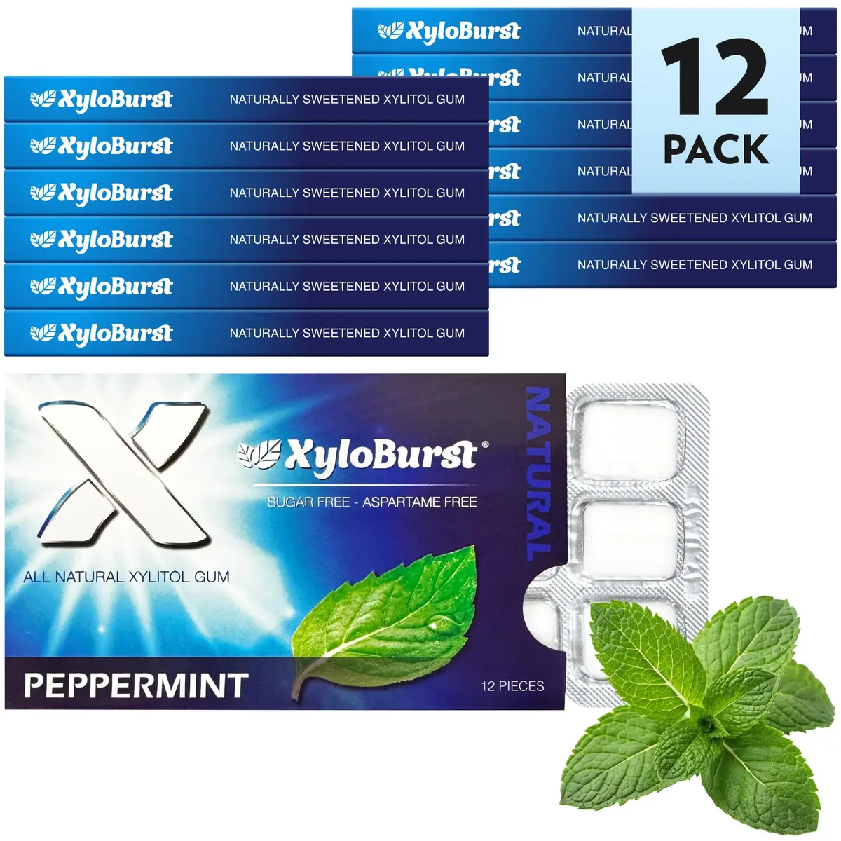 Xyloburst Xylitol Chewing Gum | Sugar Free, Gluten Free, Keto Friendly | Peppermint | 12 Pieces, Pack of 12 - view 2