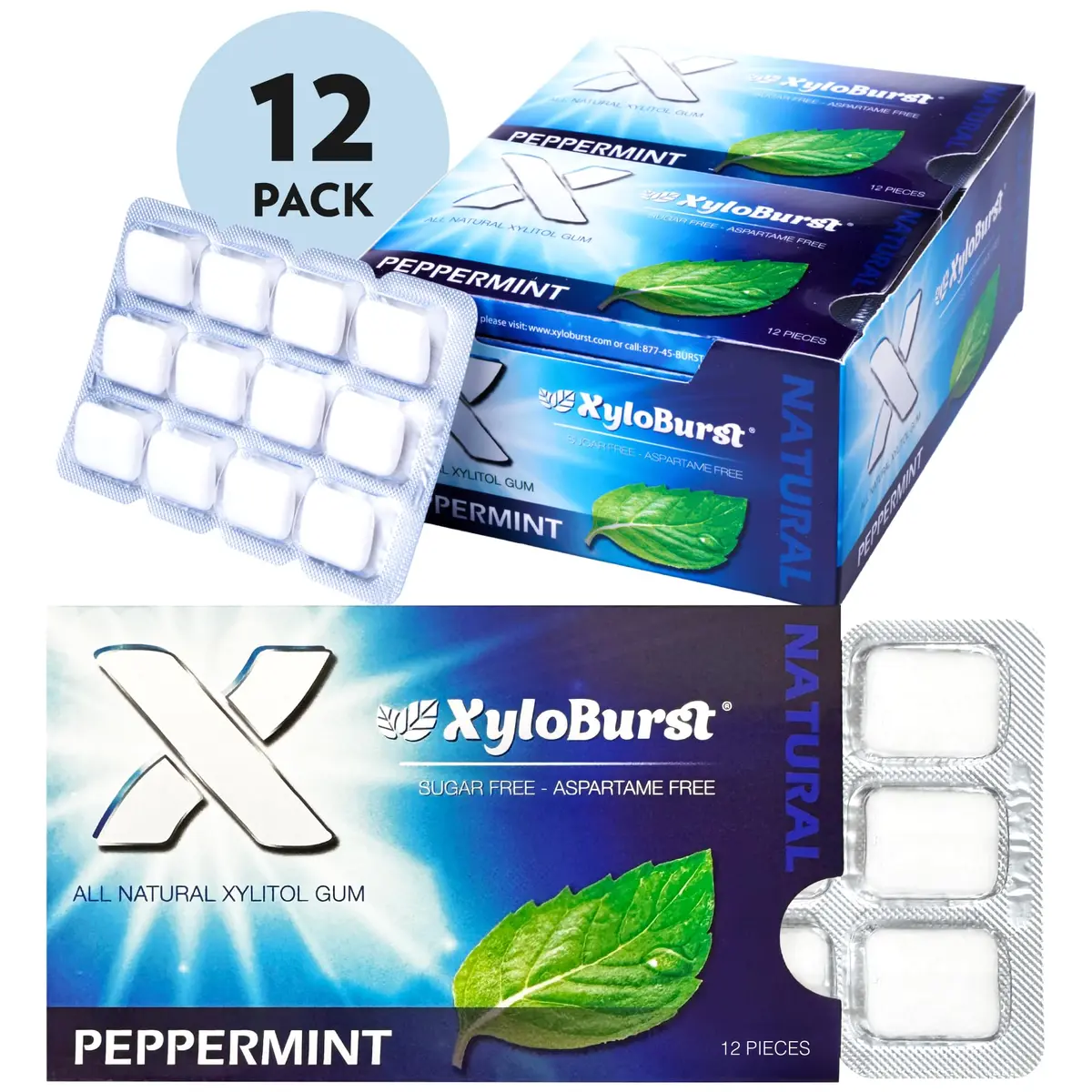 Xyloburst Xylitol Chewing Gum | Sugar Free, Gluten Free, Keto Friendly | Peppermint | 12 Pieces, Pack of 12 - view 3