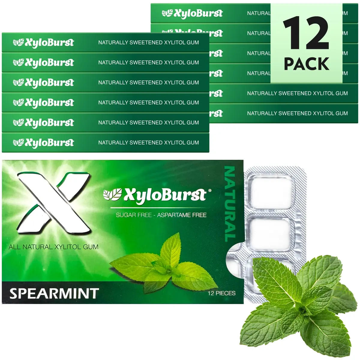 Xyloburst Spearmint Chewing Gum | Sugar Free, Gluten Free, Keto Friendly | 12 Pieces - view 2
