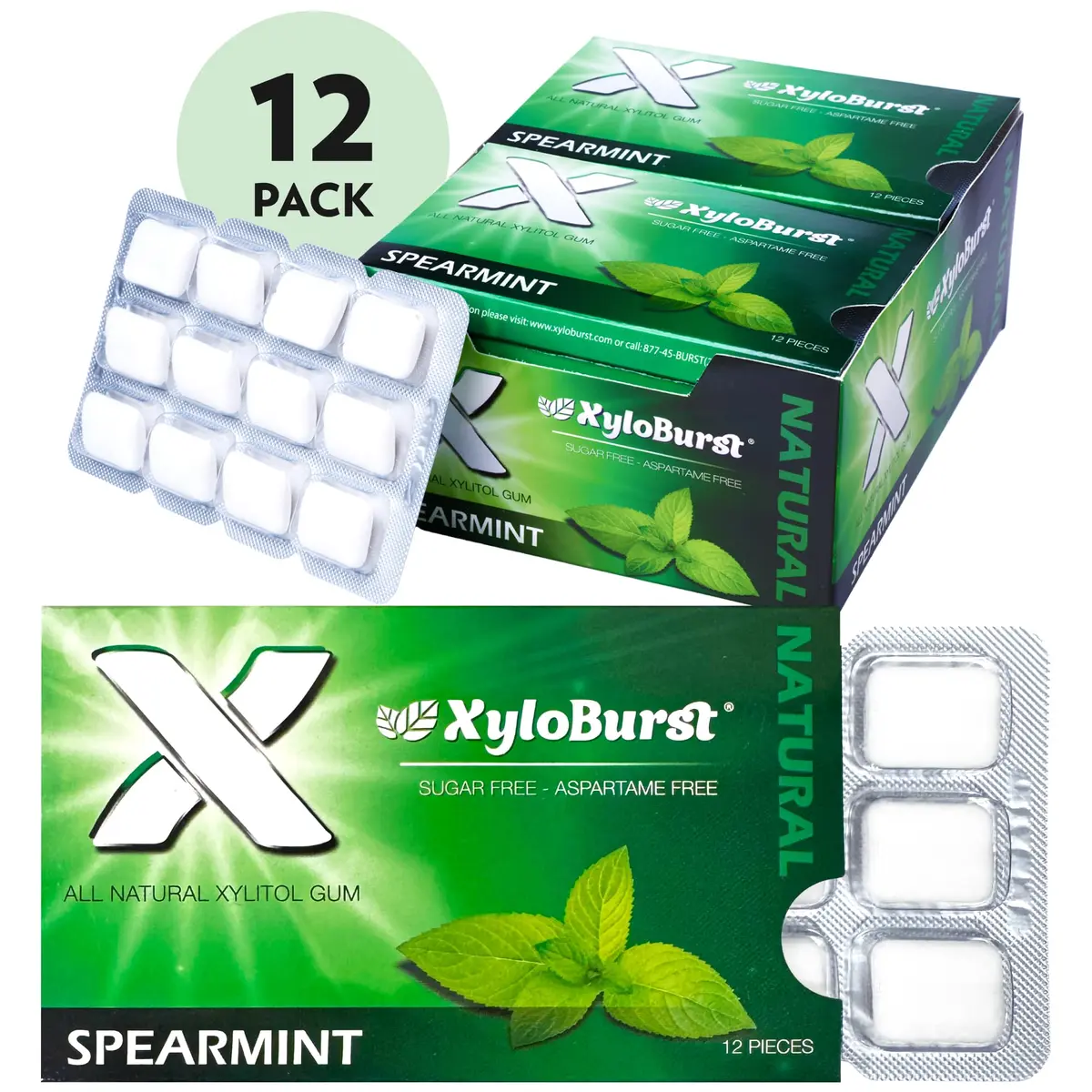 Xyloburst Spearmint Chewing Gum | Sugar Free, Gluten Free, Keto Friendly | 12 Pieces - view 3