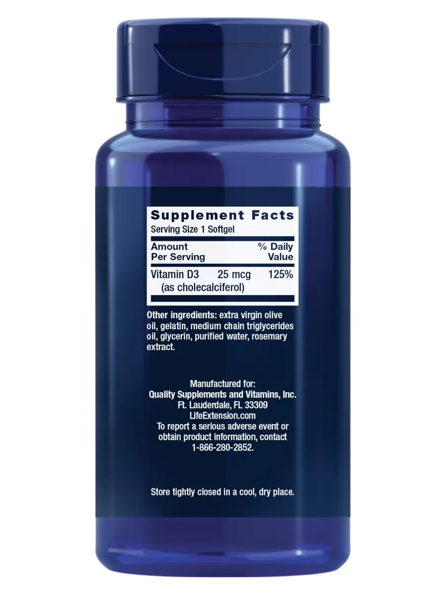 Life Extension Vitamin D3 25 mcg (1000 IU) | Supports Bone, Brain & Immunity, Non-GMO, 250 Softgels - view 2