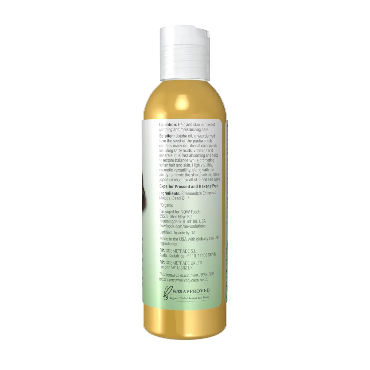 NOW Solutions Organic Jojoba Oil Moisturizing Multi-Purpose 120ml (4 fl. oz) | Pure Cold-Pressed Carrier Oil for Skin & Hair - view 2