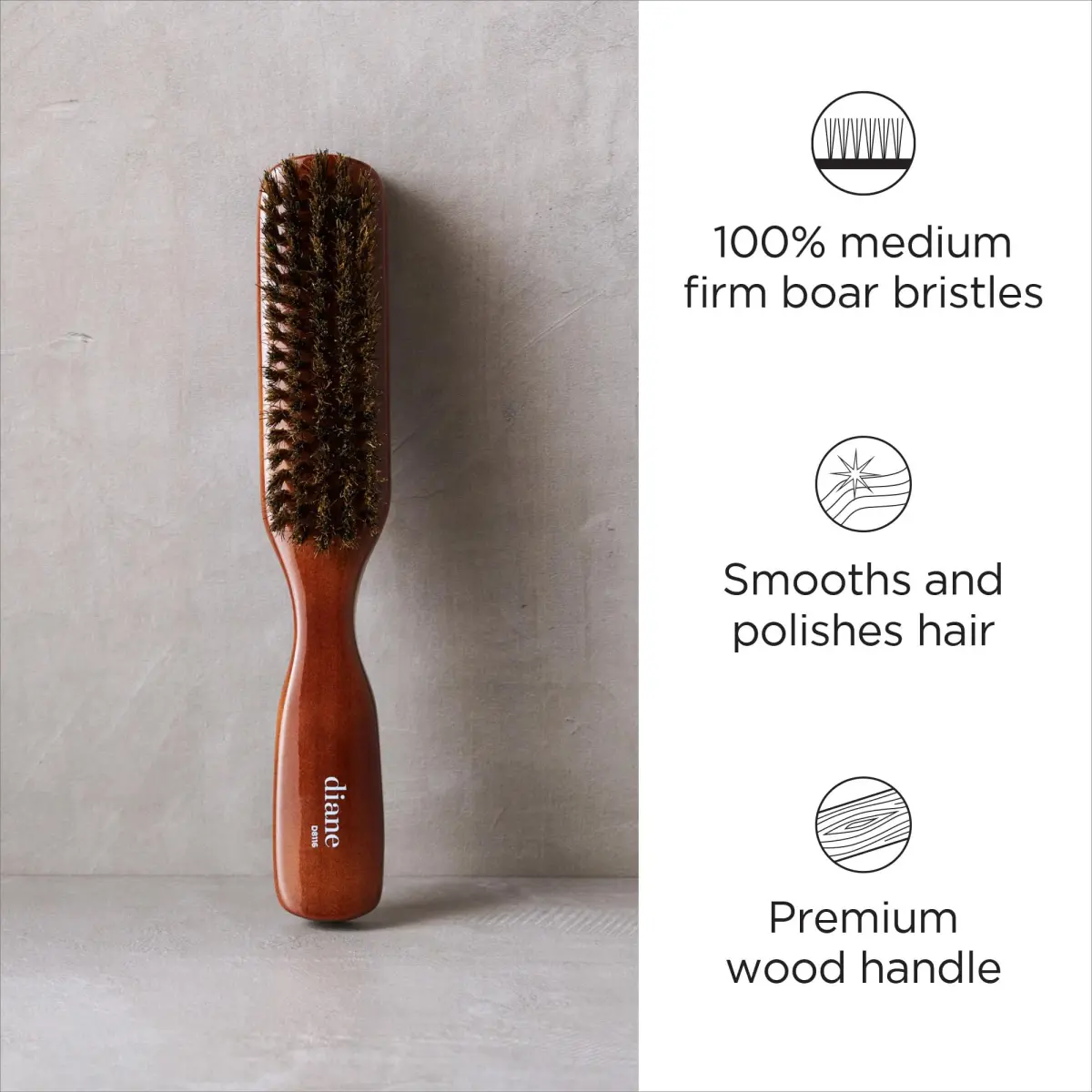 Diane Premium 100% Boar Bristle Styling Brush for Men & Barbers – Medium Bristles for Thick Coarse Hair – 5-Row, Wood Handle | Detangles, Smooths, Adds Shine - view 2