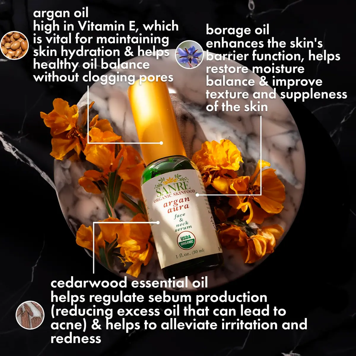 SanRe Organic Skinfood Argan Aura Serum 30ml | USDA Organic Anti-Aging & Clearing - view 2