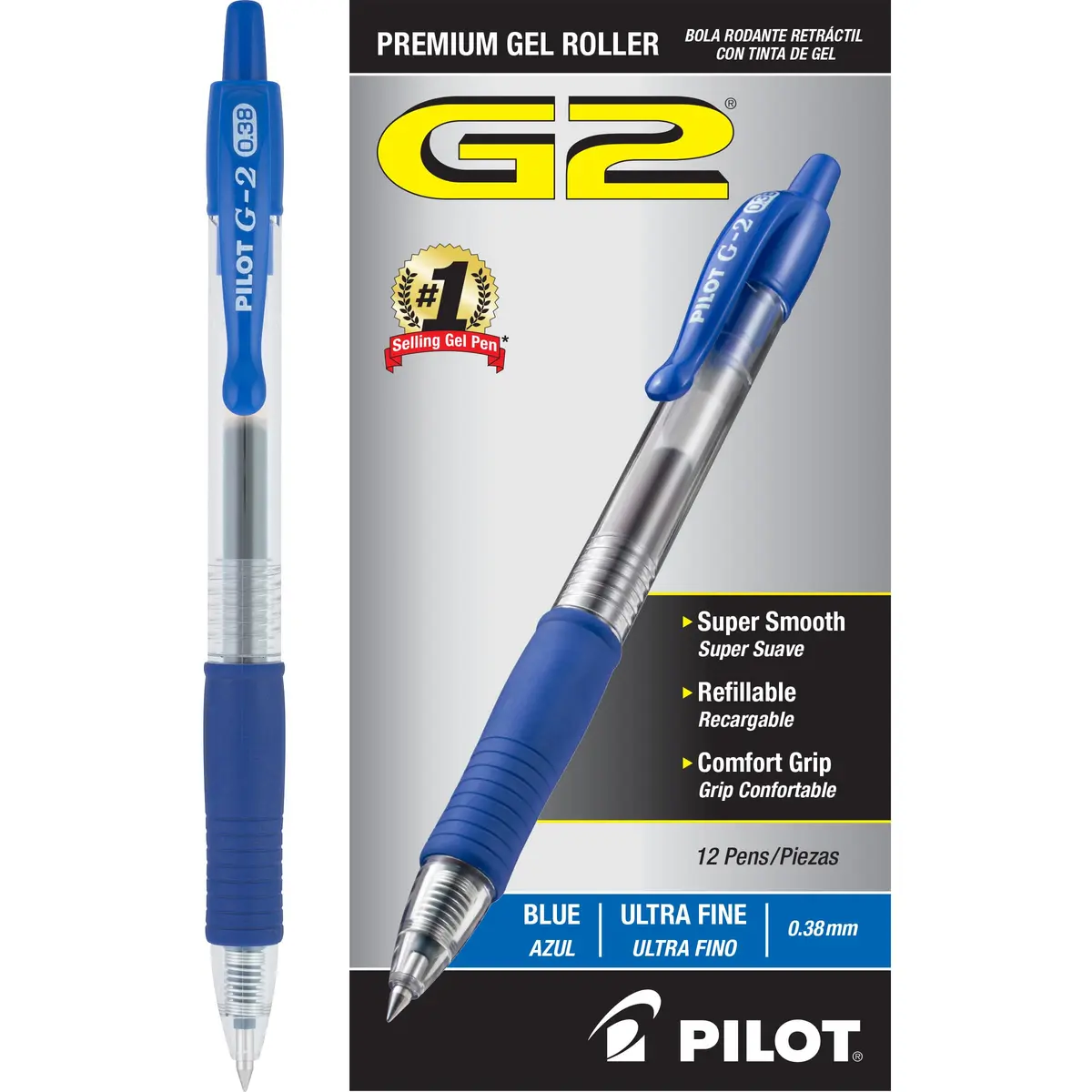 PILOT G2 Premium Retractable Gel Pens, .38mm Ultra Fine Point, Blue Ink, 12-Pack | Long-Lasting & Quick-Drying - main product image