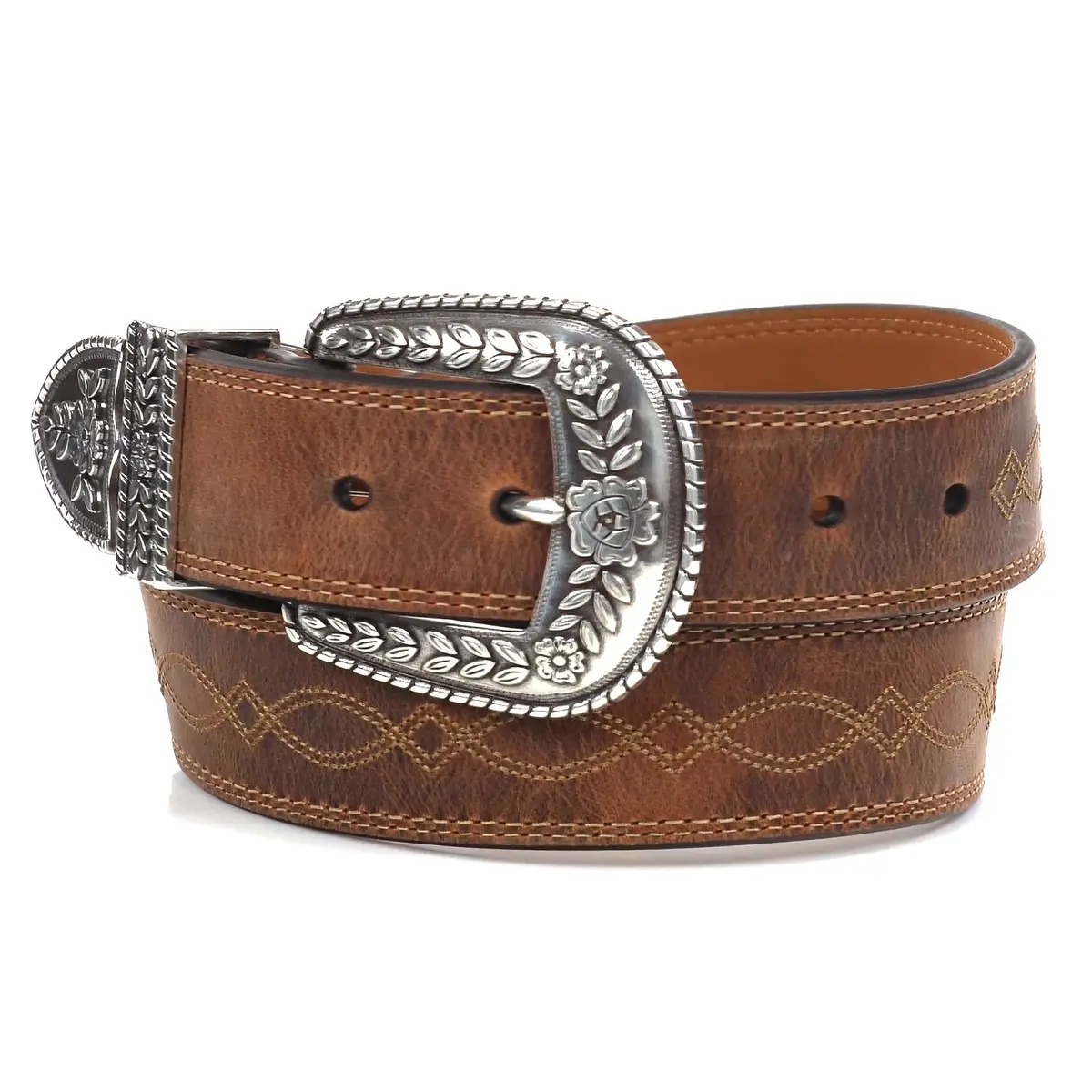 ARIAT Women's Center Stitch Leather Belt 36 | Western Style, Silver Buckle, Brown Leather - view 6