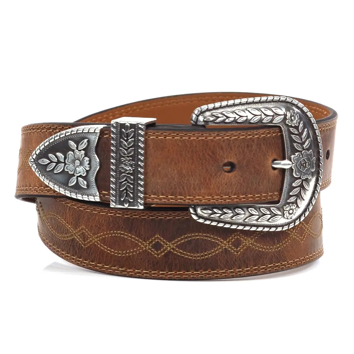 ARIAT Women's Center Stitch Leather Belt 36 | Western Style, Silver Buckle, Brown Leather - main product image