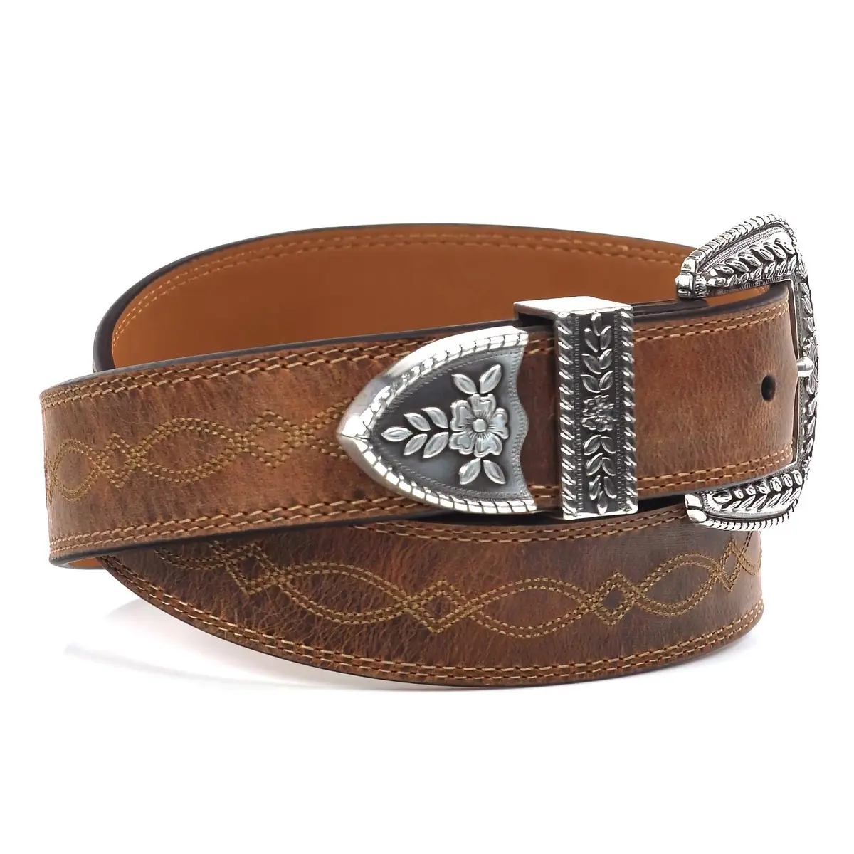 ARIAT Women's Center Stitch Leather Belt 36 | Western Style, Silver Buckle, Brown Leather - view 2