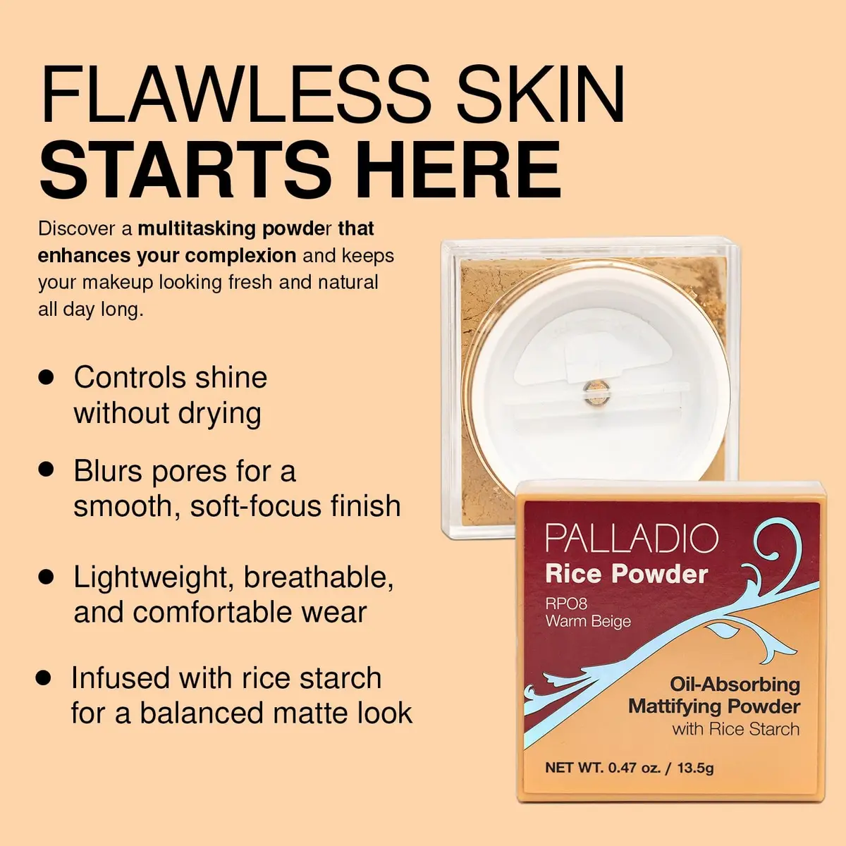 Palladio Rice Powder Loose Setting Powder Warm Beige | Absorbs Oil, Mattifies Face, Extends Makeup Wear - view 8
