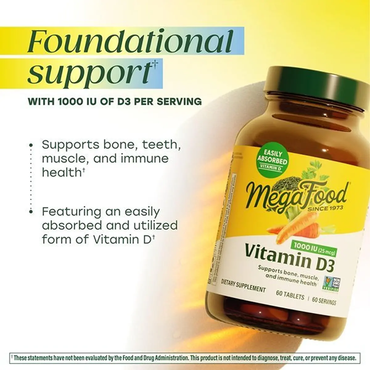 MegaFood Vitamin D3 1000 IU (25 mcg) | Bone & Immune Support, Vegetarian, 90 Tablets - view 3