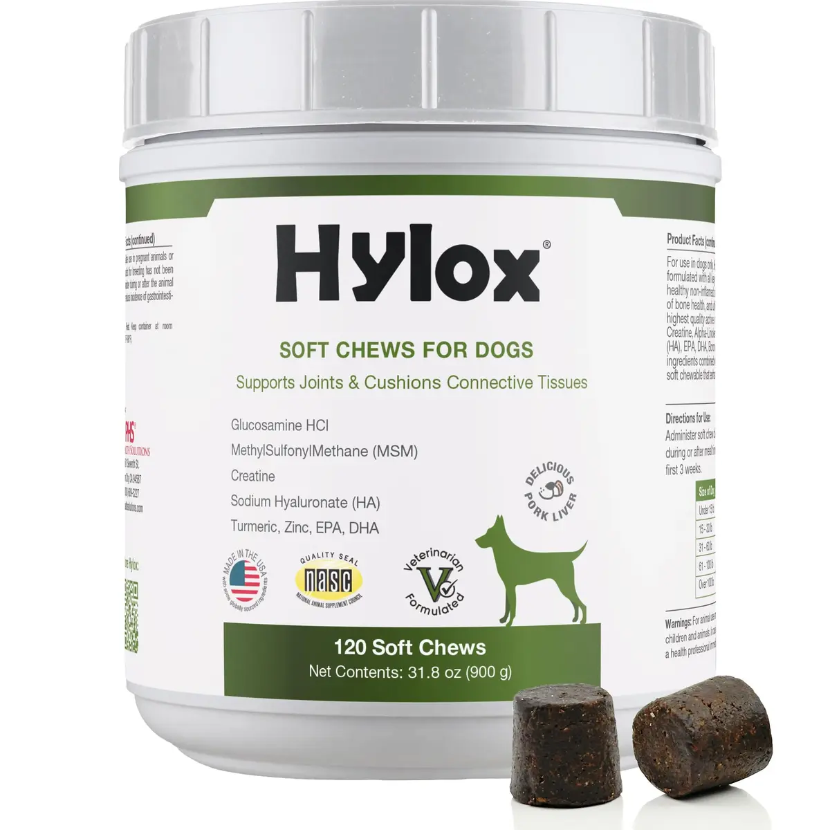 Hylox Soft Chews for Dogs – Joint Support with Glucosamine, MSM, Creatine, Hyaluronic Acid, Turmeric, EPA & DHA – Supports Joints & Cushions Connective Tissues – NASC Certified – 120 Soft Chews - main product image