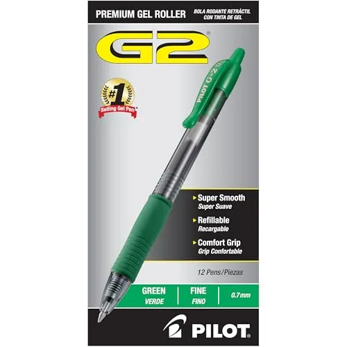 PILOT G2 Premium Gel Roller Pens Fine Point 0.7 mm Green Ink 12 Count | Smooth Writing Instrument for Students and Office - main product image