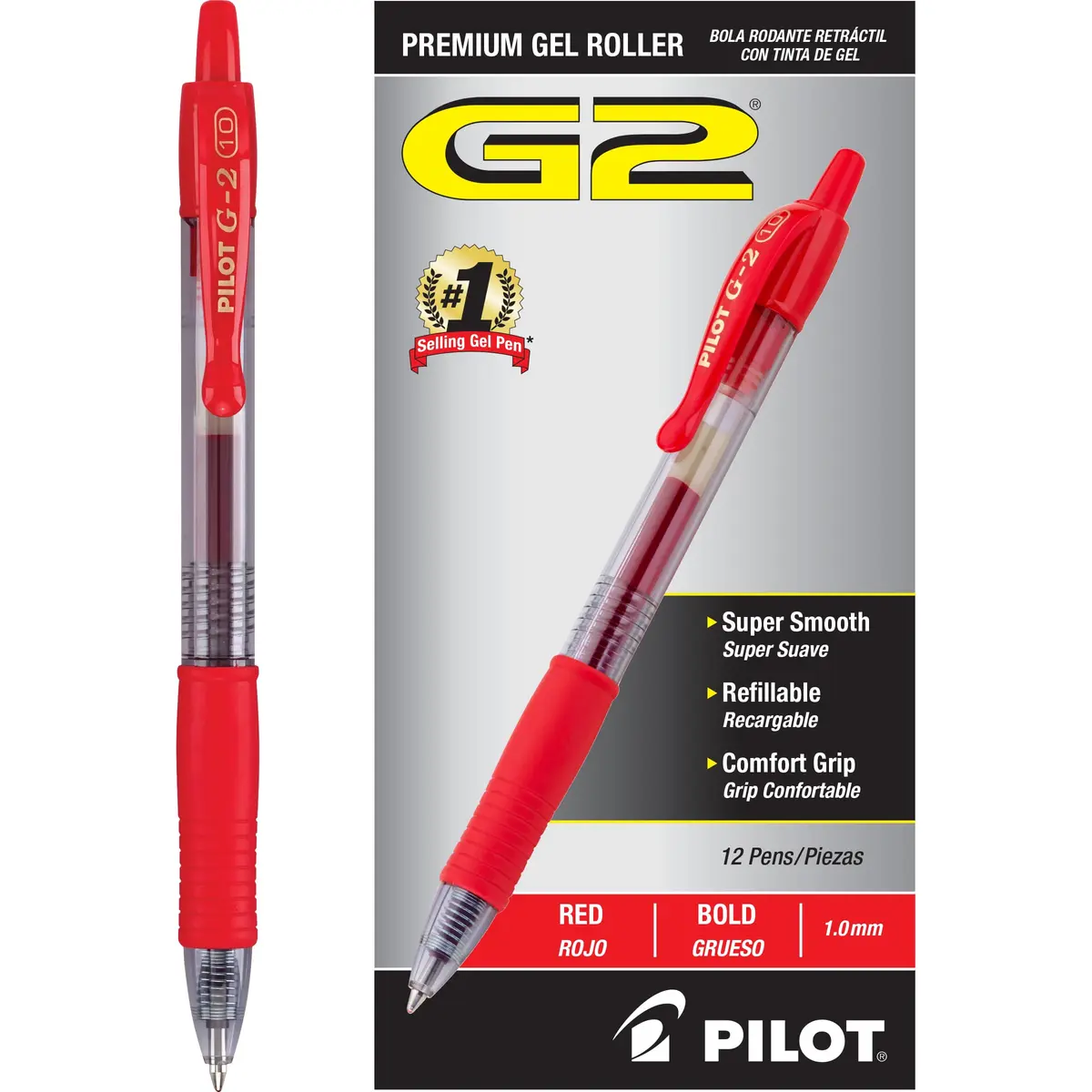 PILOT G2 Premium Gel Roller Pens, Bold Point 1 mm, Red Ink, Pack of 12 | Smooth Writing Instrument for Students & Professionals - main product image