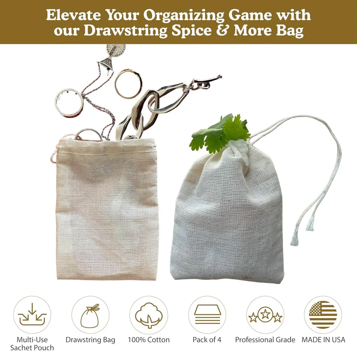 Regency Wraps 100% Cotton Drawstring Bags, Spice & Tea, 7.62cm x 10.16cm (3" x 4"), 4 Pack | Reusable Food Storage Pouches - view 7