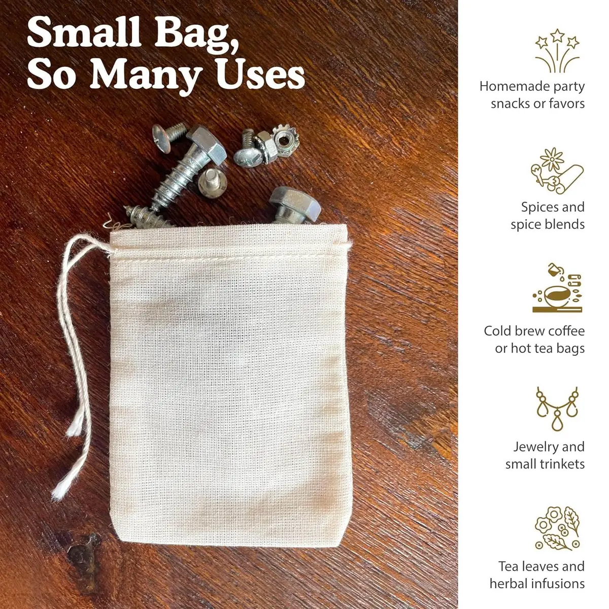 Regency Wraps 100% Cotton Drawstring Bags, Spice & Tea, 7.62cm x 10.16cm (3" x 4"), 4 Pack | Reusable Food Storage Pouches - view 4