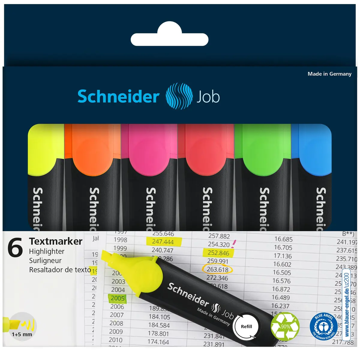 Schneider Job 150 Highlighters Assorted Colours | Chisel Tip, Refillable, Light-Resistant Highlighting - view 4