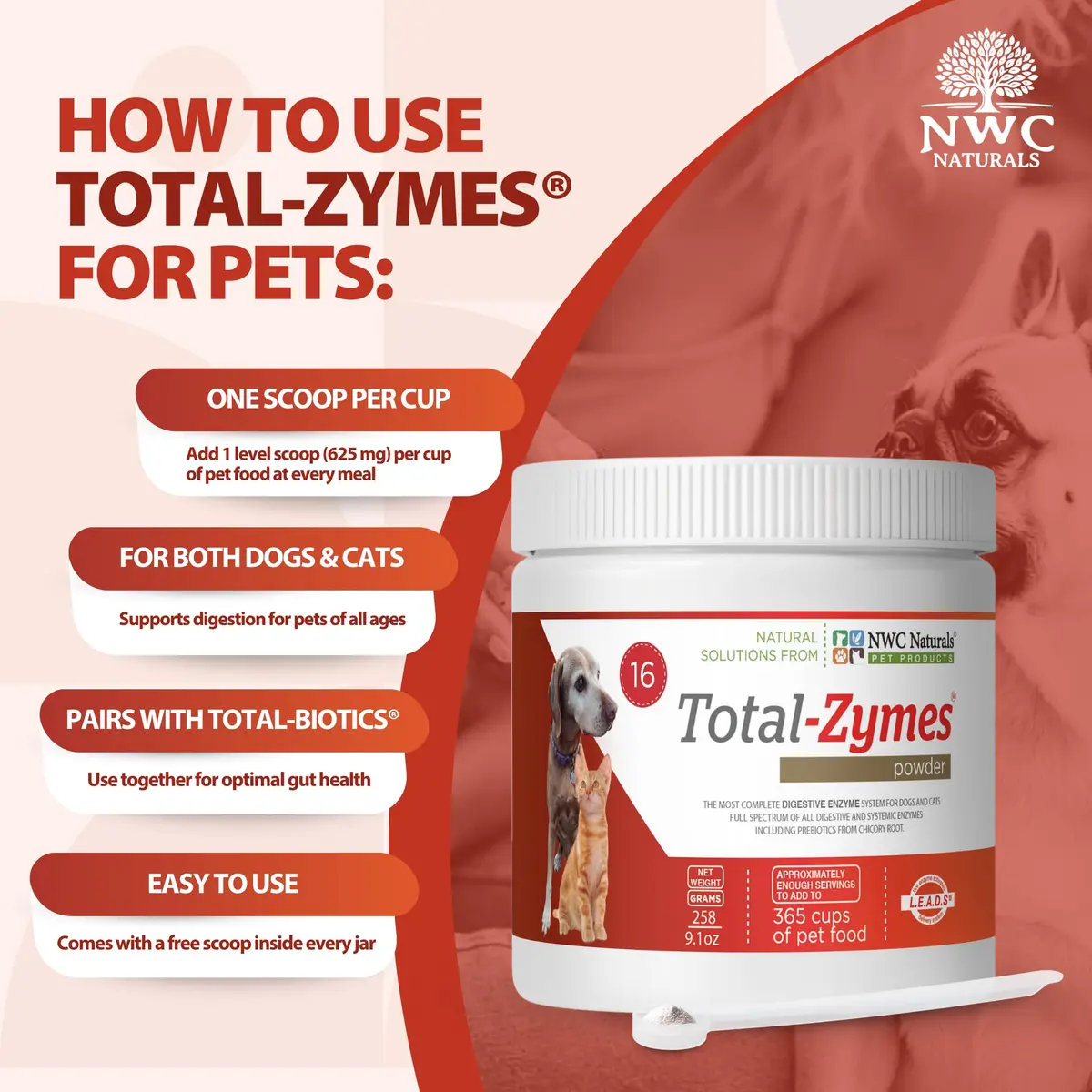 NWC Naturals Total-Zymes Digestive Enzymes for Dogs and Cats 8 oz. Powder | Broad-Spectrum Animal Digestive Support - view 7