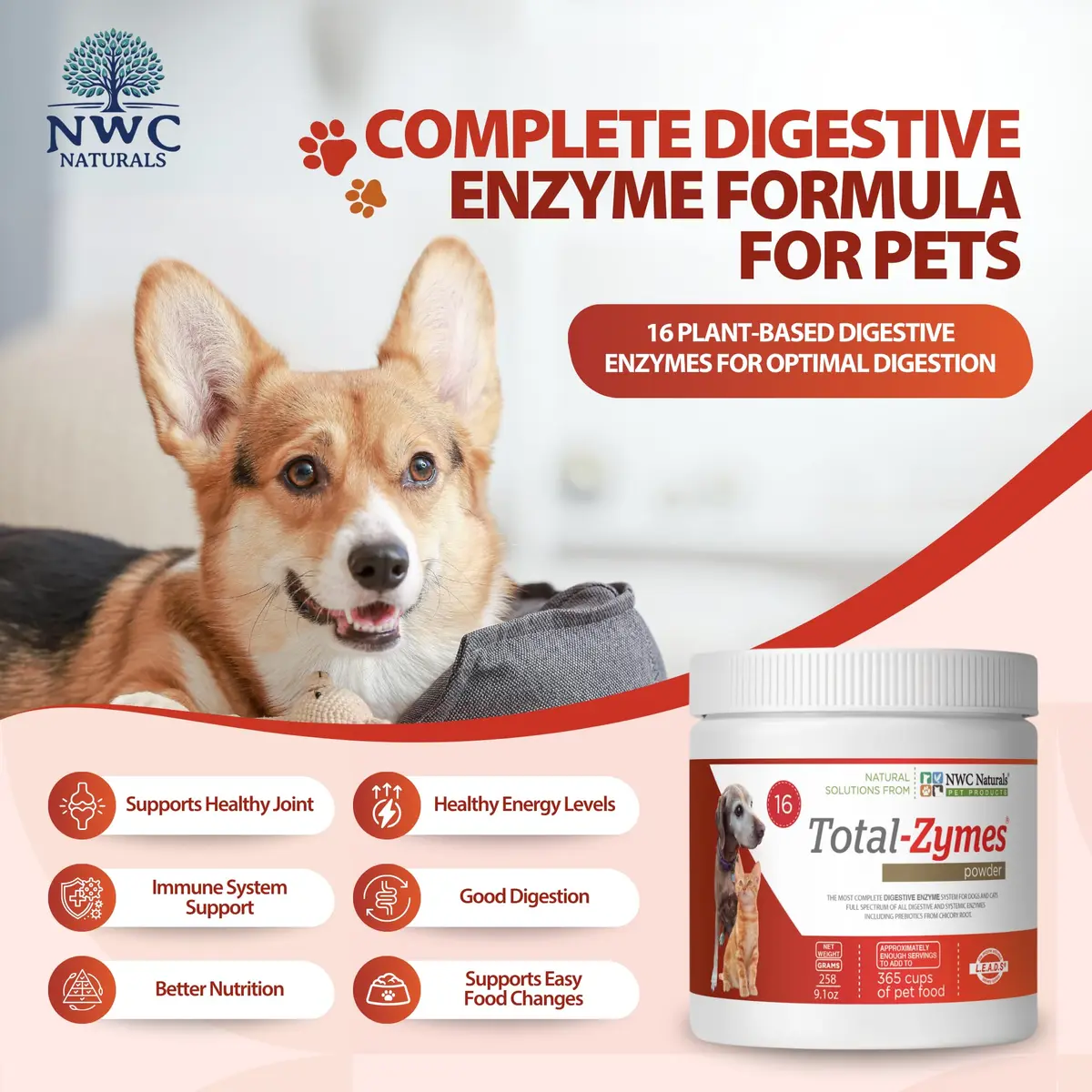 NWC Naturals Total-Zymes Digestive Enzymes for Dogs and Cats 8 oz. Powder | Broad-Spectrum Animal Digestive Support - view 2
