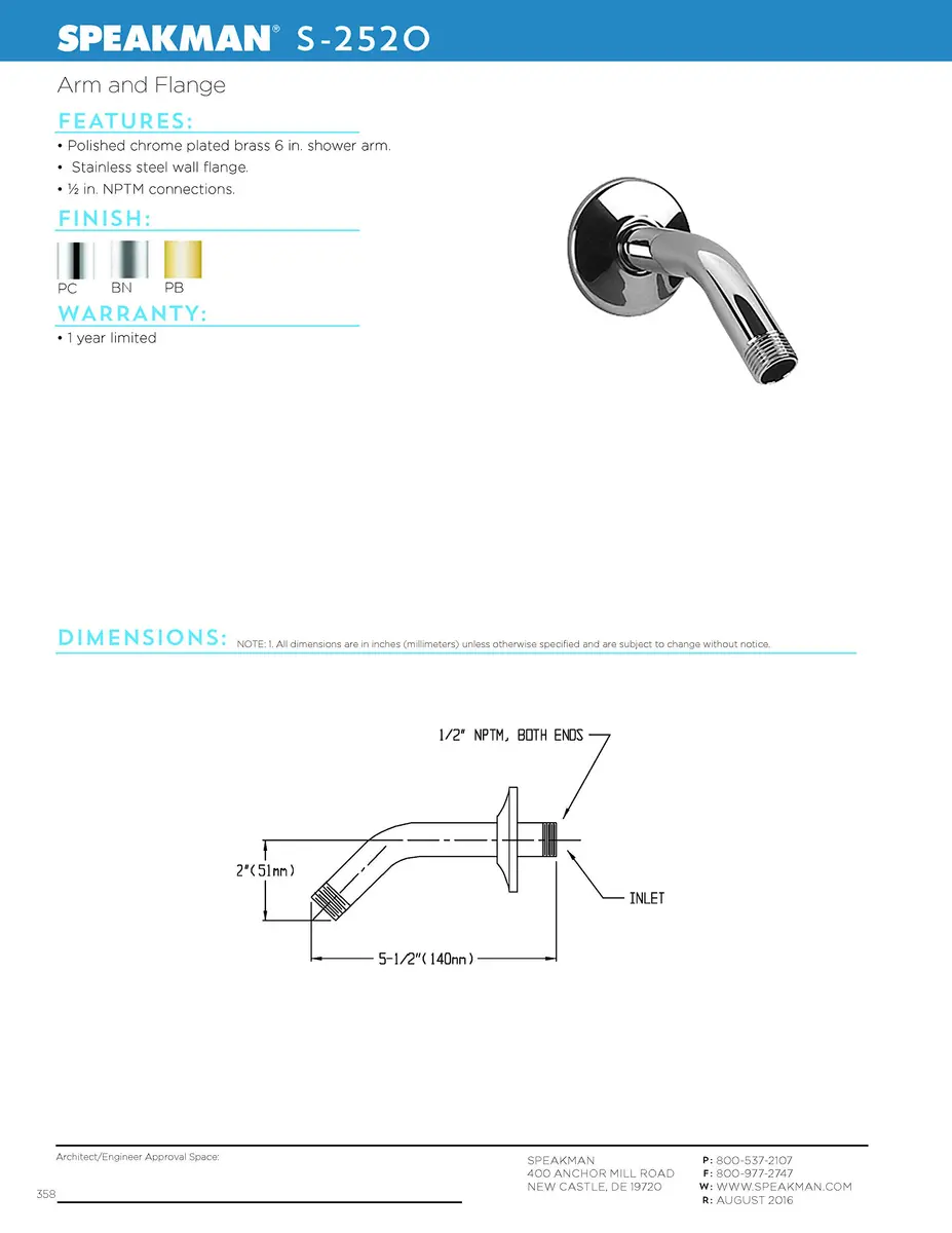 Speakman S-2520 Clean and Simple Shower Arm and Flange 5.5 inches | Polished Chrome Bathroom Fixture - view 3