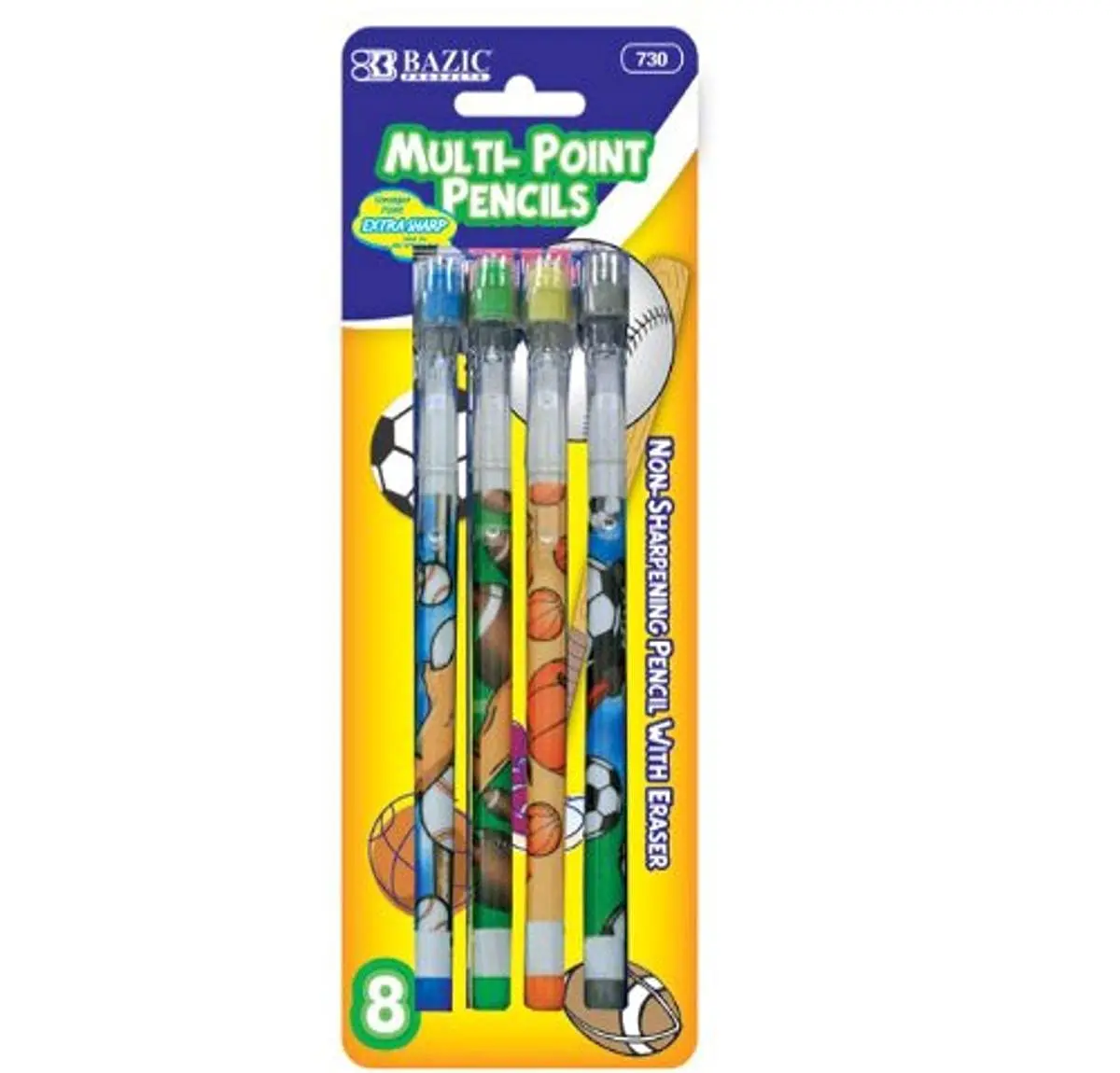BAZIC Sports Push-A-Point Pencil, Assorted, 8 Per Pack | Sporty, Dazzle, Fine Tip for Students & Office - main product image