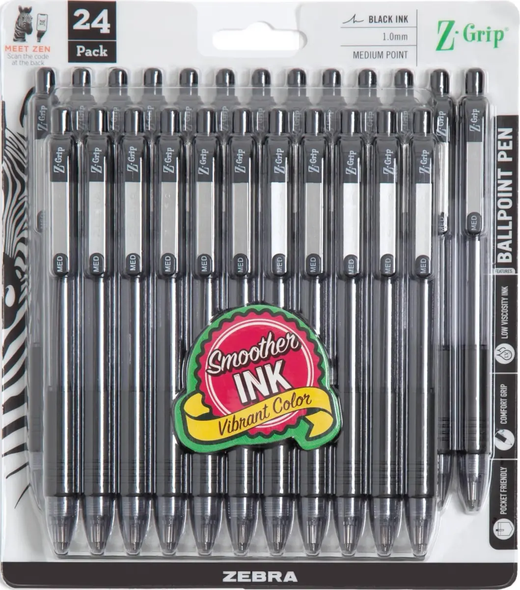 Zebra Pen Z-Grip Retractable Ballpoint Pens, Black Ink, 1.0mm Medium Point, 24-Pack | Smooth Writing for Students & Professionals - main product image