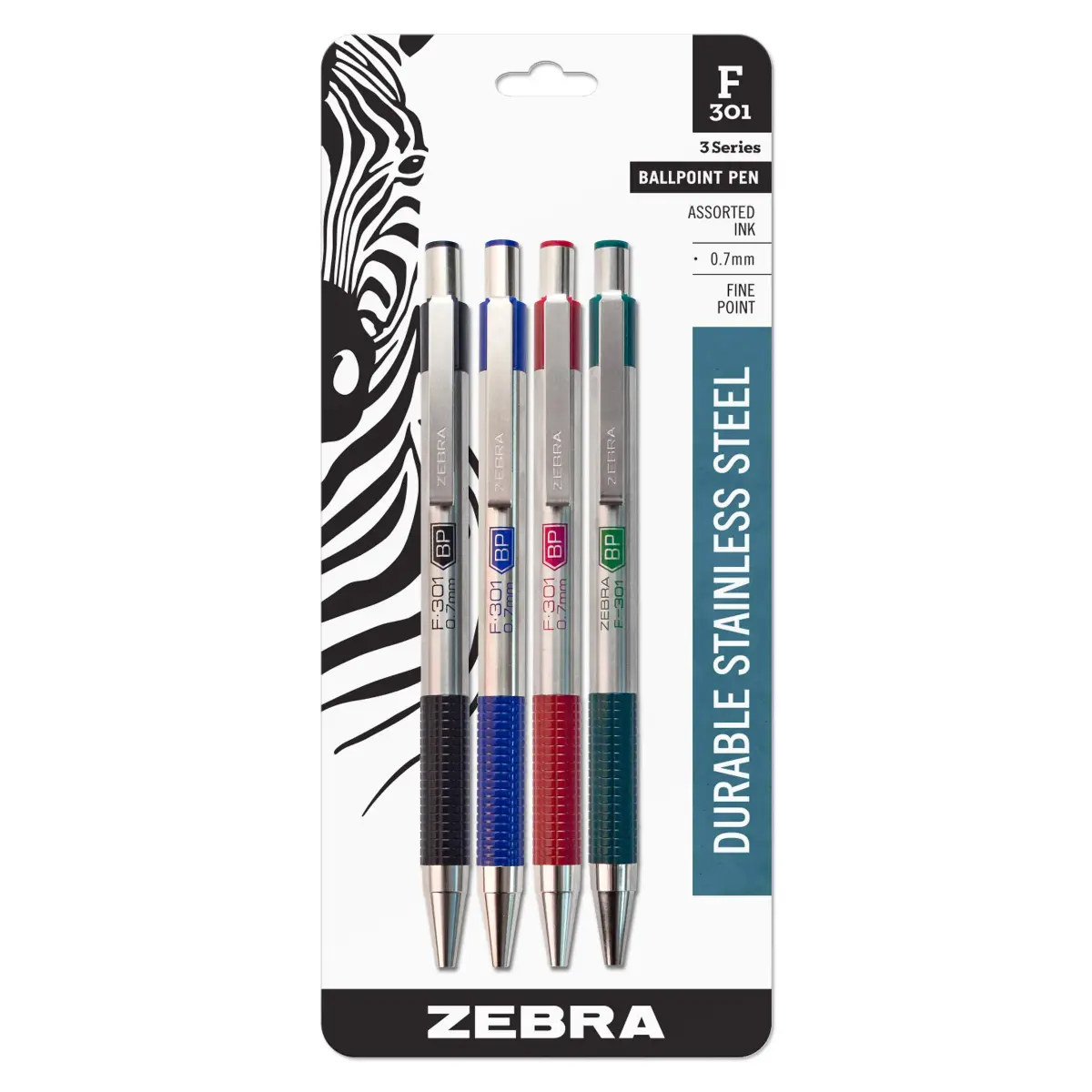 Zebra Pen F-301 Signature Series Retractable Ballpoint Pen Set - Black, Blue, Red & Green Ink, Stainless-Steel Barrel, 4-Pack - main product image
