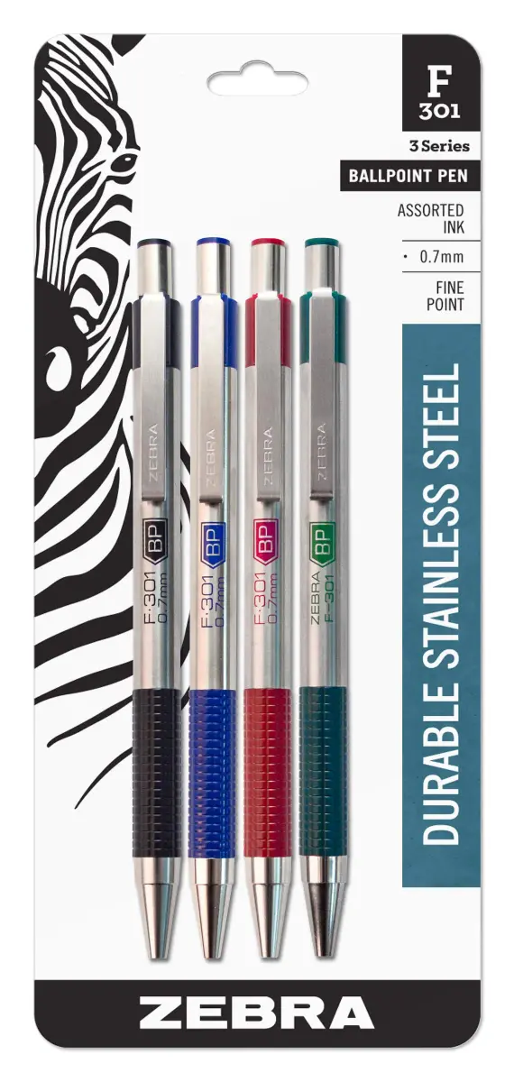 Zebra Pen F-301 Signature Series Retractable Ballpoint Pen Set - Black, Blue, Red & Green Ink, Stainless-Steel Barrel, 4-Pack - main product image