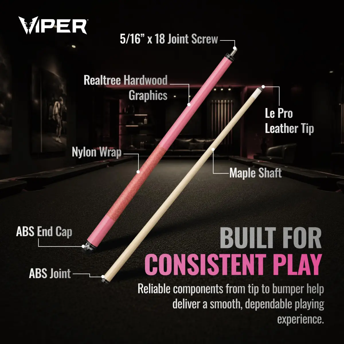 Viper Junior Pink Lady Pool Cue 48" (122cm) | 16 Oz (454g) Two-Piece Maple Hardwood - view 3