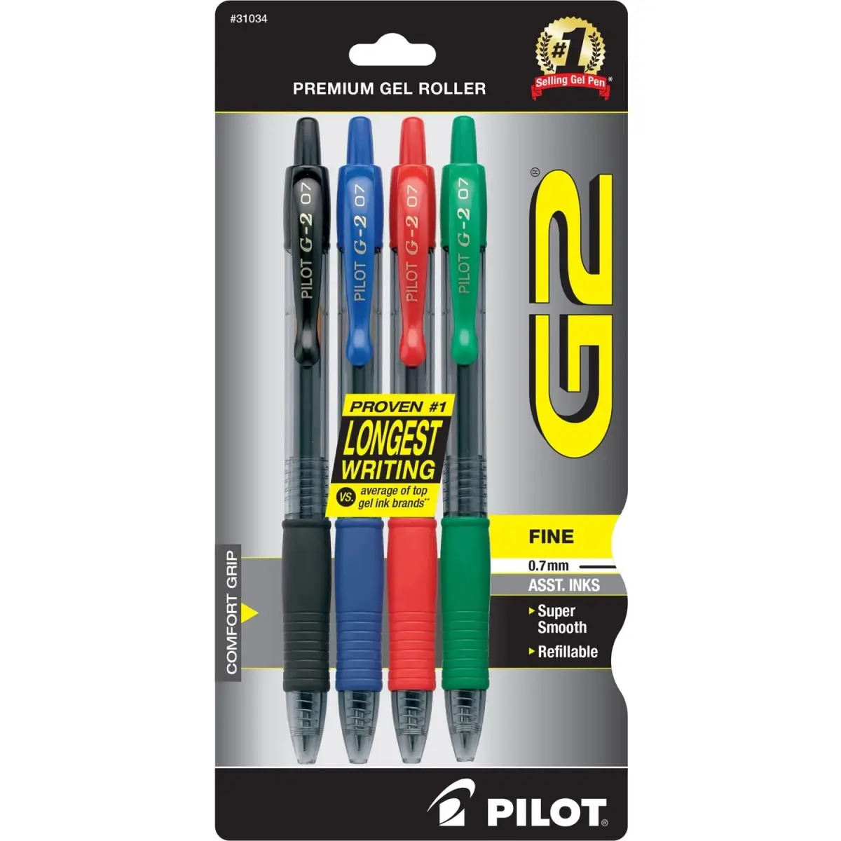 PILOT G2 Gel Ink Pens, Assorted Colors, 0.7mm Fine Point, 4-Pack | Smooth Writing & Long-Lasting Ink - main product image