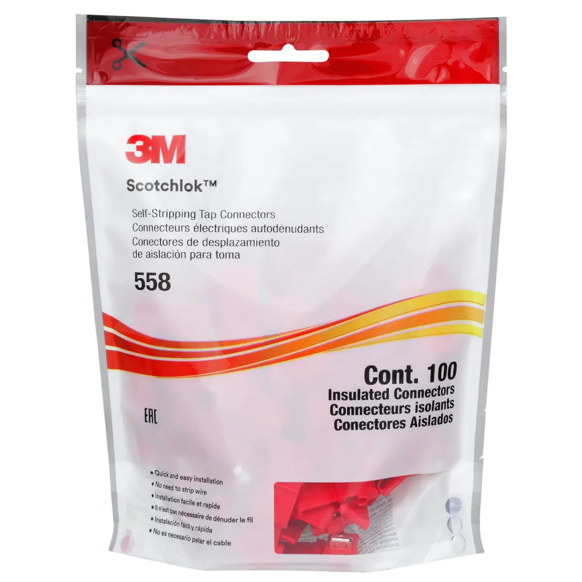 3M Scotchlok Electrical IDC 558 Connector 22-16 AWG Red 100-Pack | Self-Stripping Insulation Displacement Connector - main product image